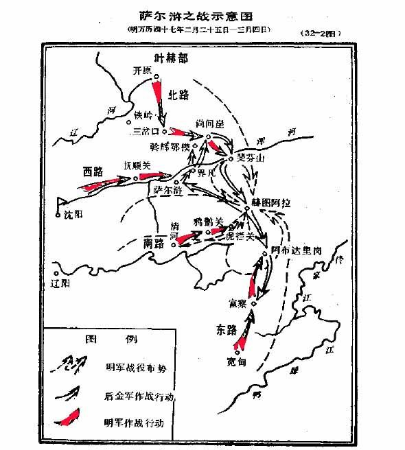 万历四十七年(1619年)发生萨尔浒大战,努尔哈赤采取"集中优势兵力